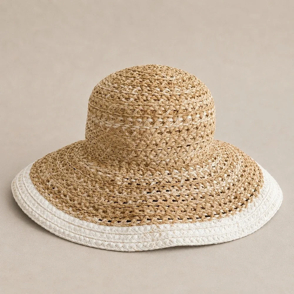 il Cappellaio Woven Straw Sun Hat Wide Brim Beige White Women's Size (57)